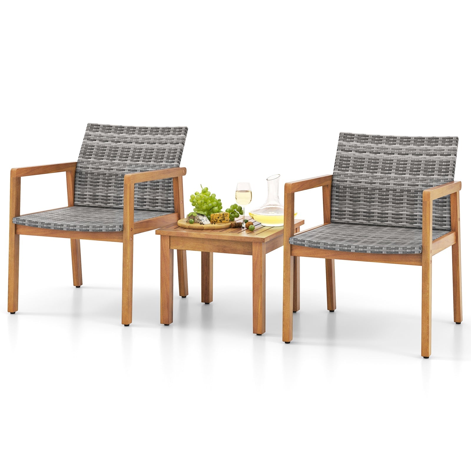 Tangkula 3 Pieces Outdoor Furniture Set, Acacia Wood Frame Sofa Set w/Rattan Seat & Back